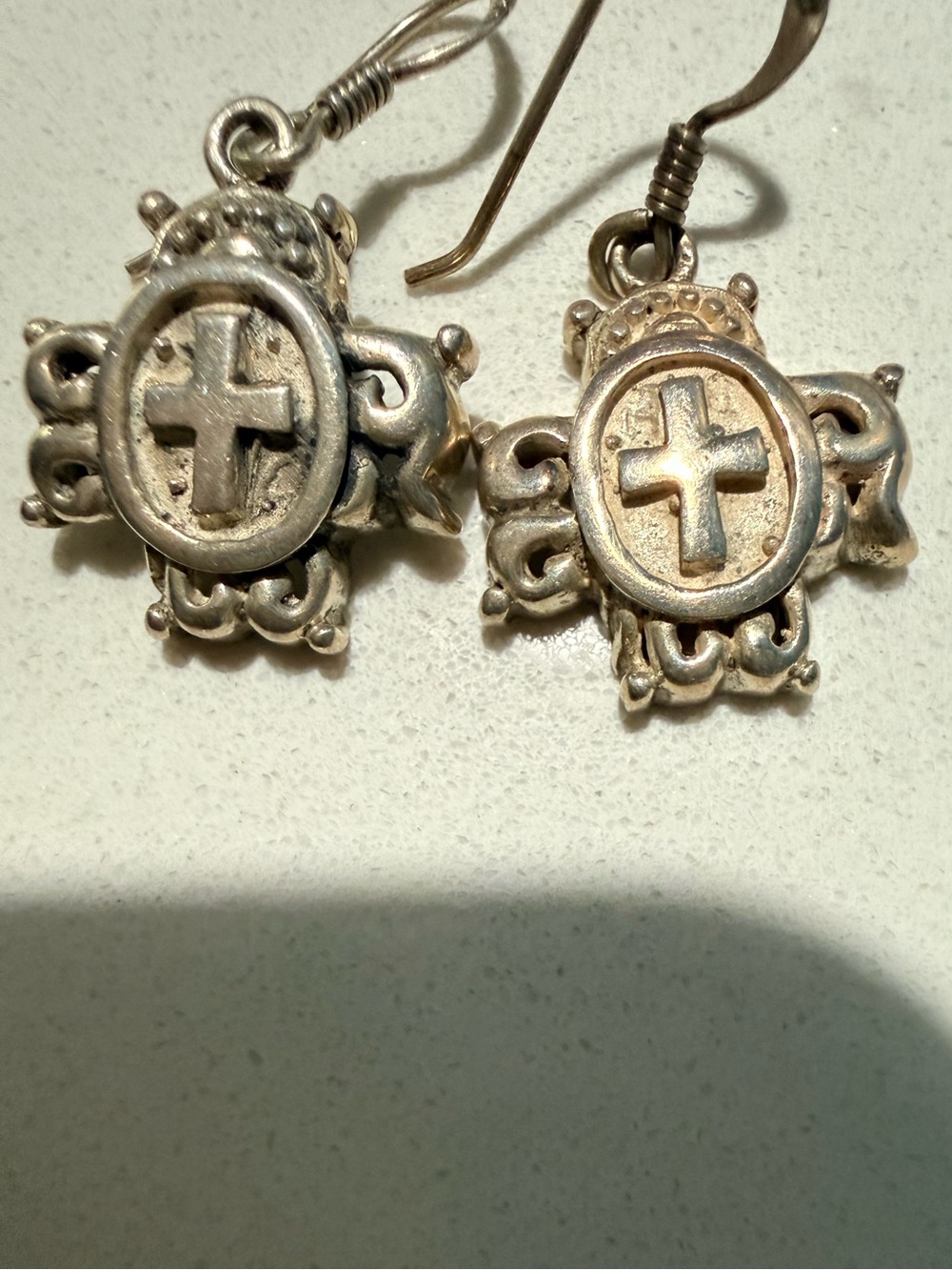925 Sterling Silver Cross Medal Drop Earrings - Silver